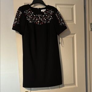 Petite! Calvin Klein Black Floral Embroidered Dress